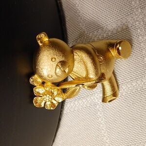 Vintage Teddy Bear Brooch Pin Goldtone With Flower Jewelry